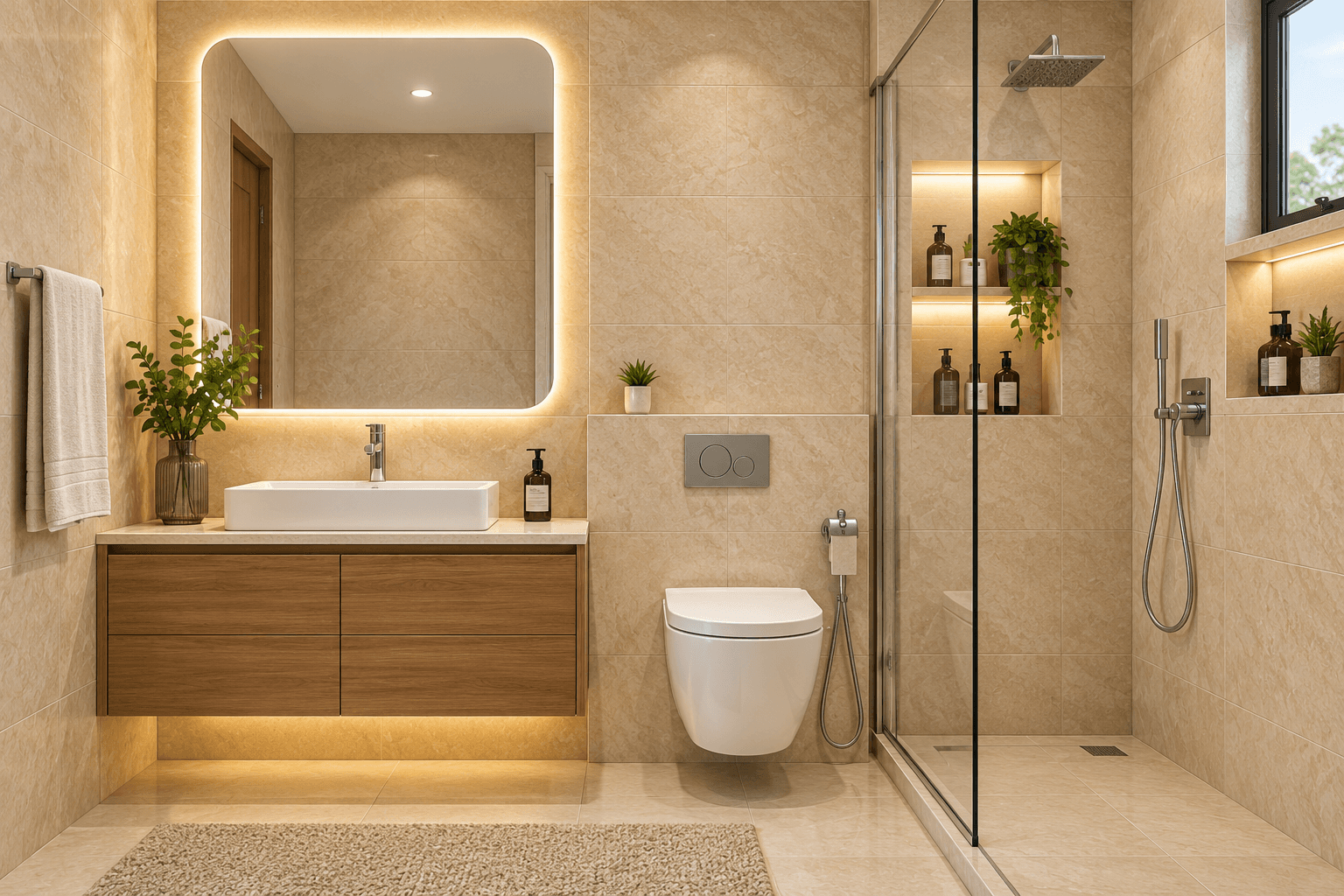 A bathroom with thoughtful storage