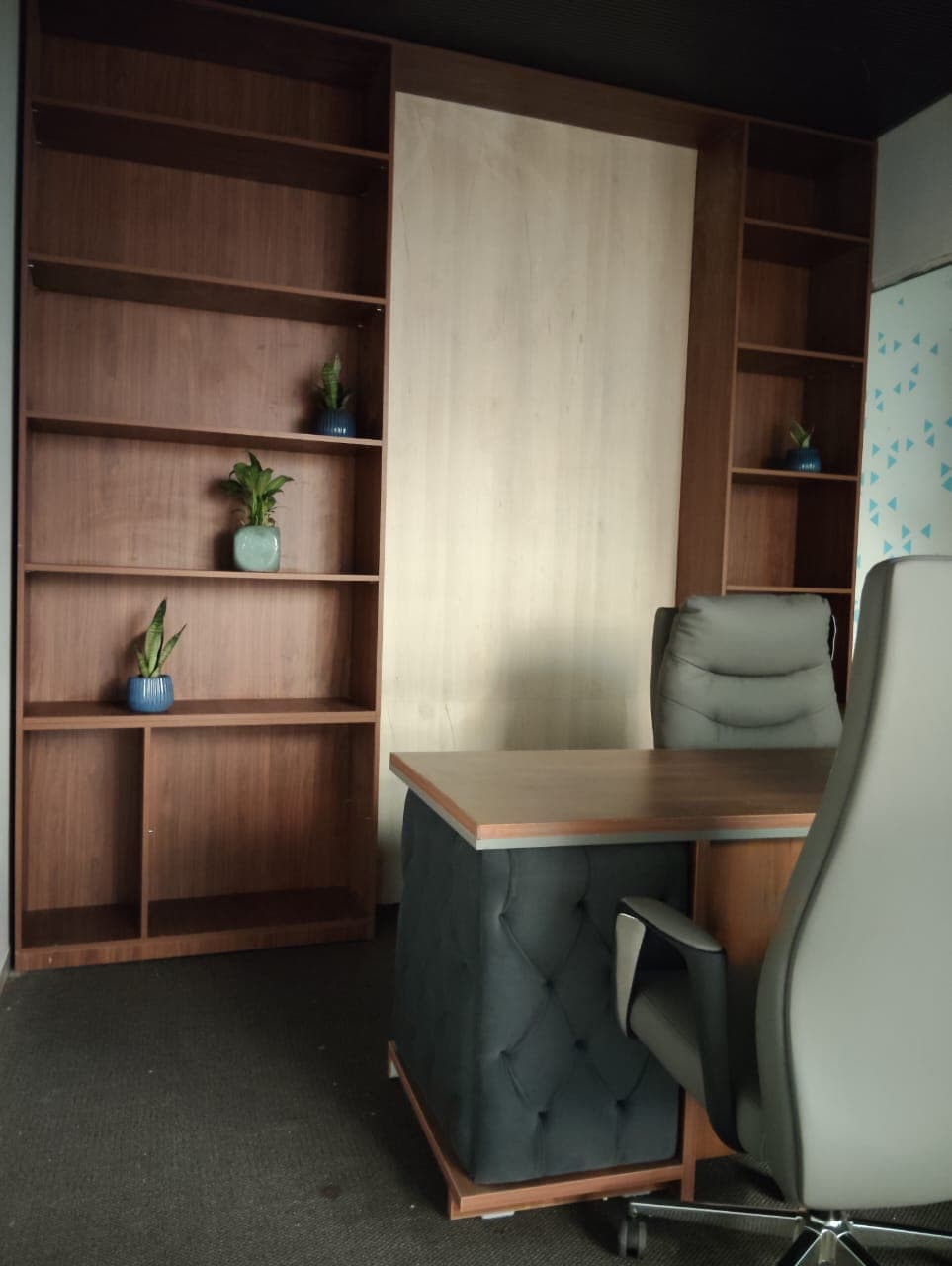 World Development Corporation office: Executive cabin with timber shelving